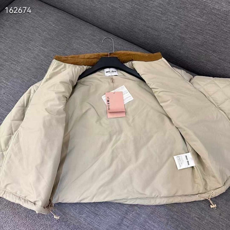 Miu Miu Technical Fabric Blouson Padded Jacket in Sabbia, Size S/M/L