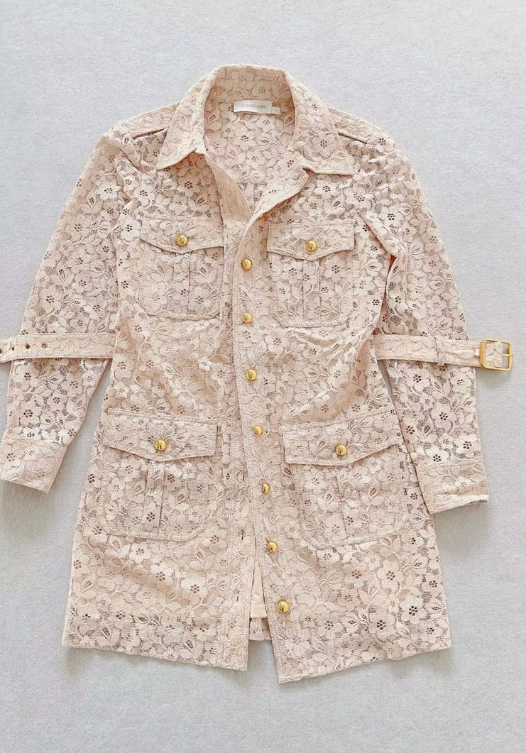 Zimmermann Lace Utility Shirtdress in Beige, Size AU 2