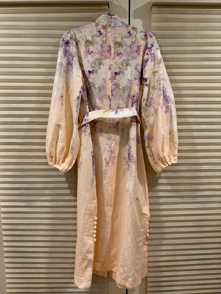 Zimmermann Floral Buttoned Belted Linen Midi Dress, Size AU 1/2