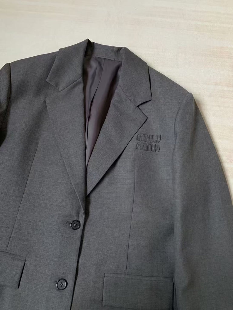 Miu Miu Logo Embroidered Oversized Wool Blazer Jacket in Gray, Size 36/38/40