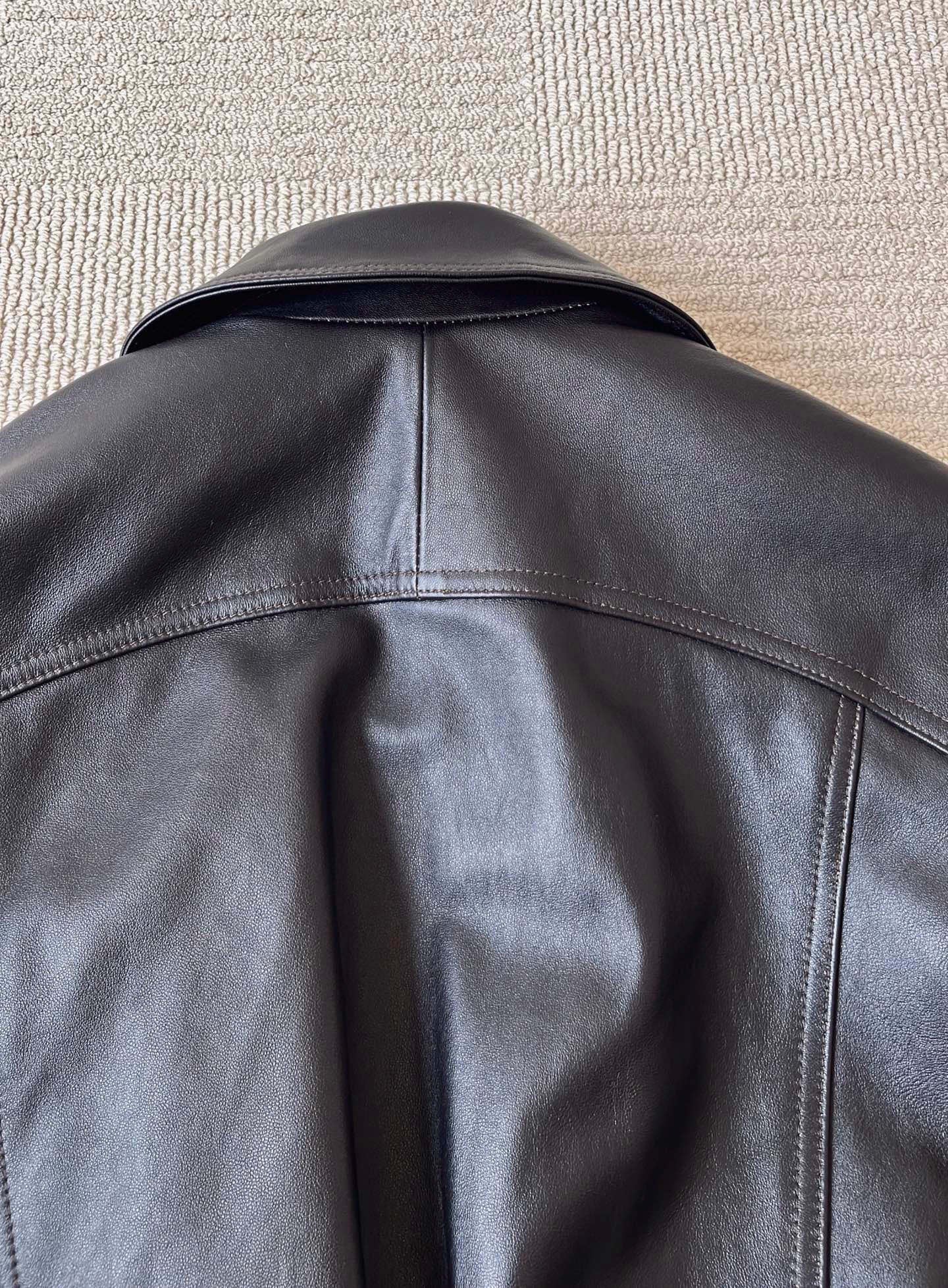 Saint Laurent Bomber Jacket in Grained Leather Dark Brown, Size 36/38/40