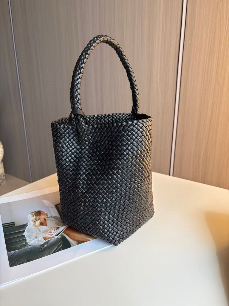 The Row Small Woven Leather Tote Bag in Black