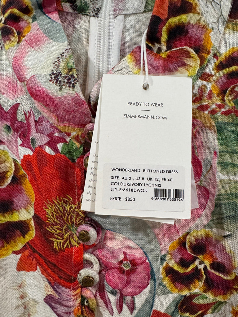Zimmermann Buttoned Belted Linen Minidress in Red Floral, Size AU 2
