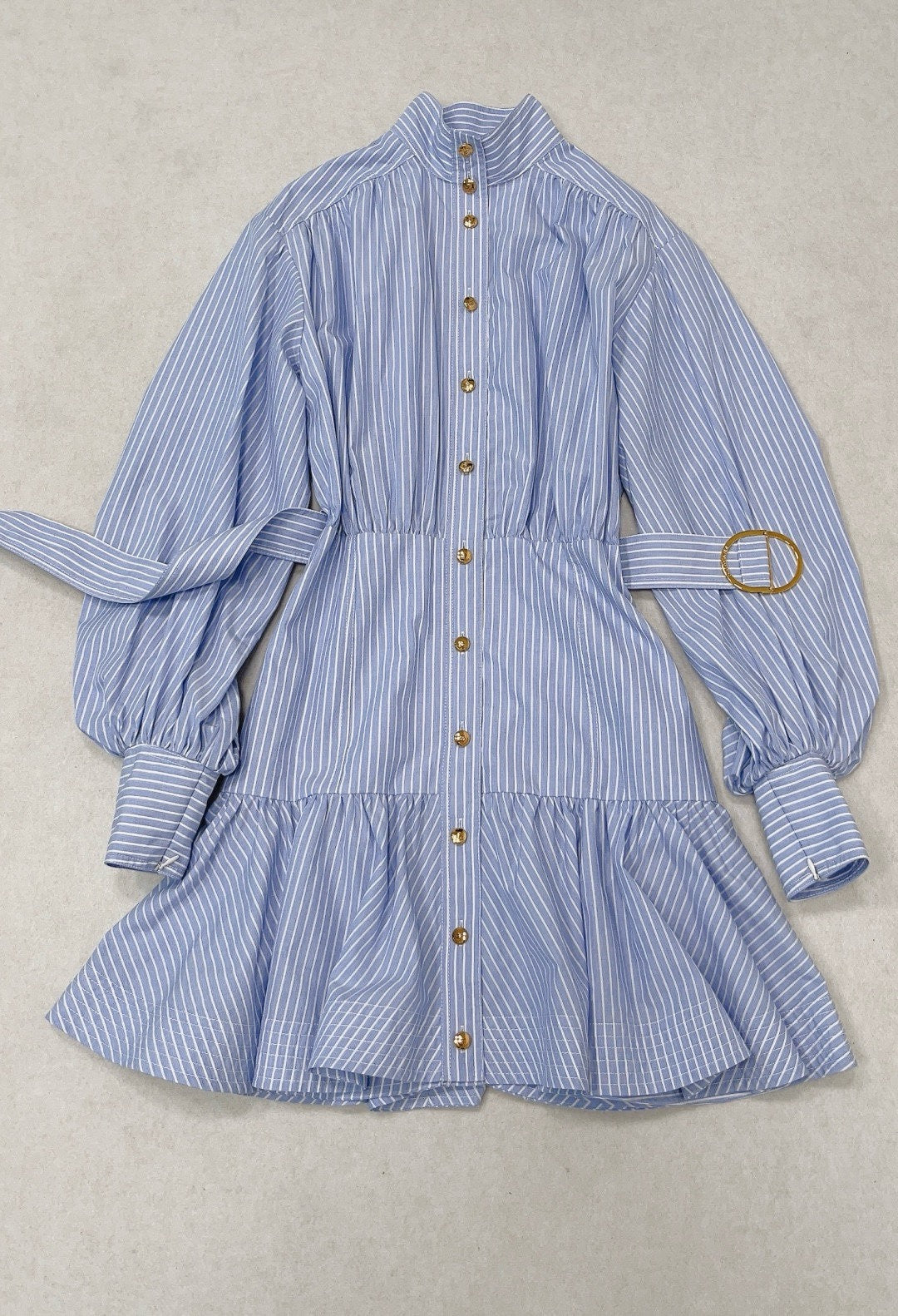 Zimmermann Stripe Utility Belted Long Sleeve Cotton Shirt Dress in Blue, Size AU 0/1/2