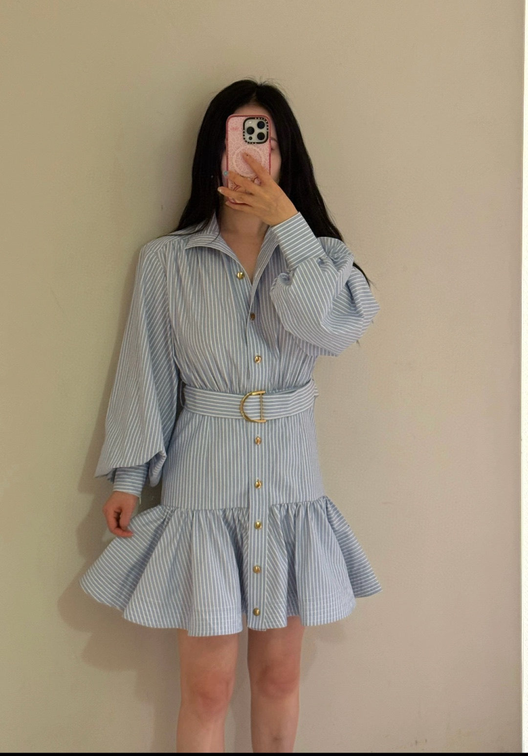 Zimmermann Stripe Utility Belted Long Sleeve Cotton Shirt Dress in Blue, Size AU 0/1/2