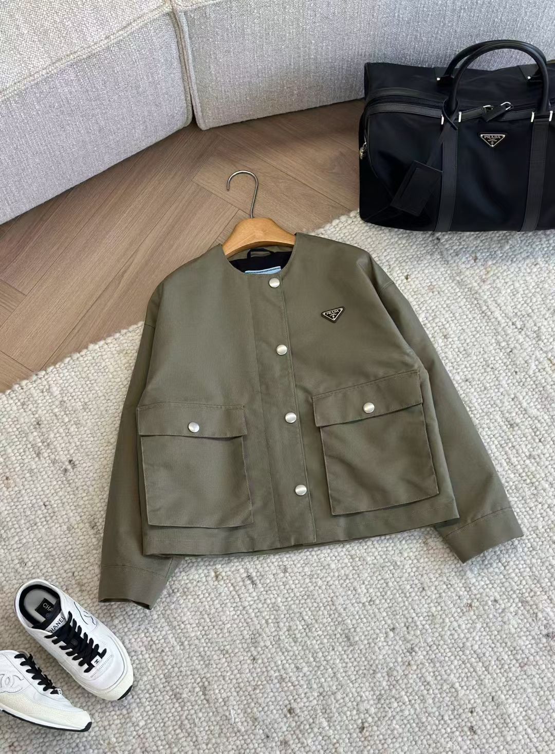 Prada Triangle-Logo Canvas Green Jacket, Size 36/38/40