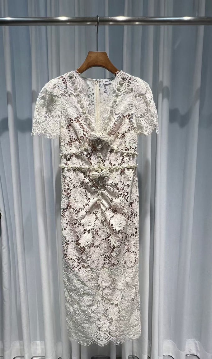 Self-Portrait Cream Fine Lace Pearl Midi Dress, Size US 2/4/6/8