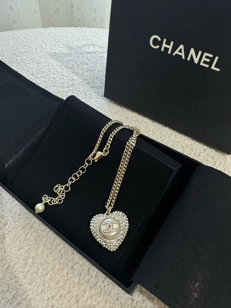 Chanel Pearl Crystal CC Heart Necklace