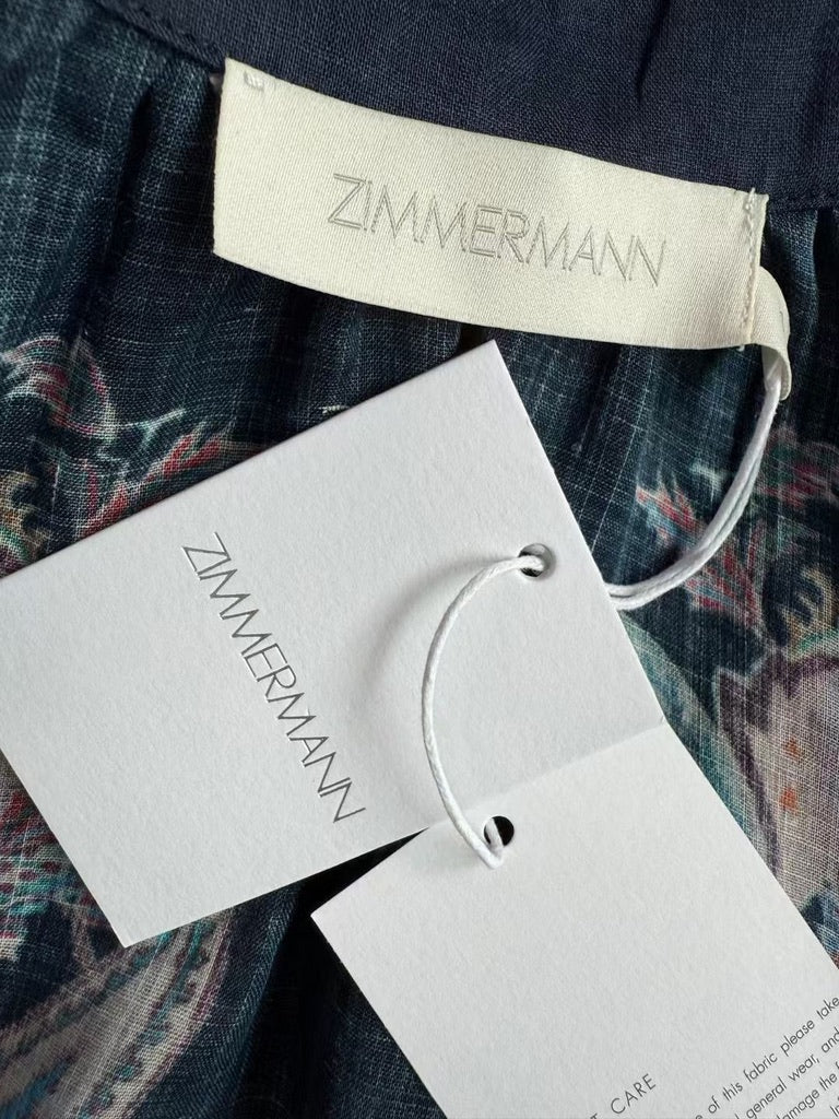 Zimmermann Floral Ramie Blouse & Belted Linen Shorts Set in Navy, Size AU 1/2/3