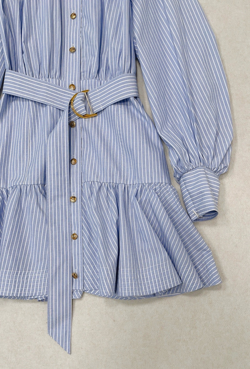 Zimmermann Stripe Utility Belted Long Sleeve Cotton Shirt Dress in Blue, Size AU 0/1/2