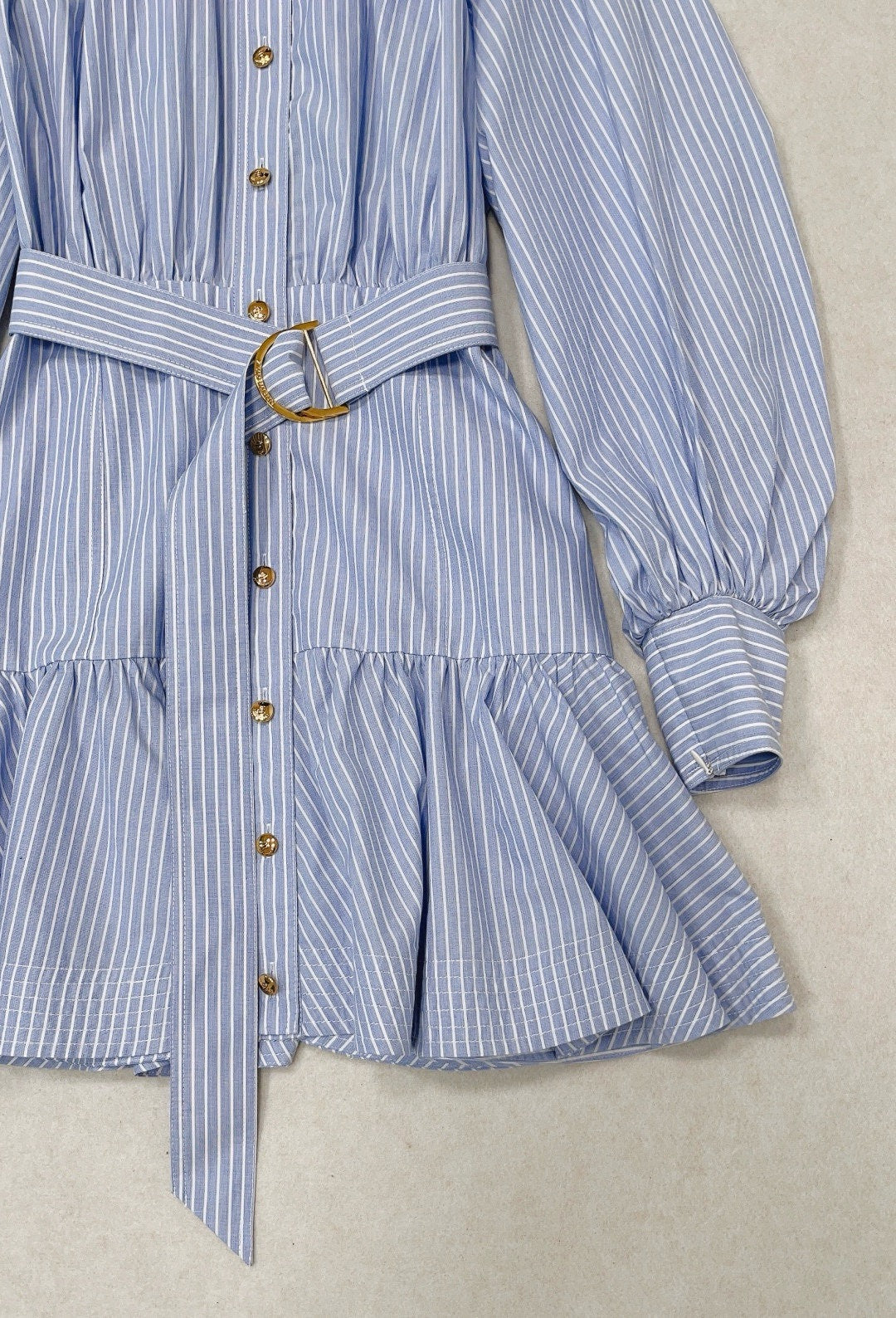 Zimmermann Stripe Utility Belted Long Sleeve Cotton Shirt Dress in Blue, Size AU 0/1/2