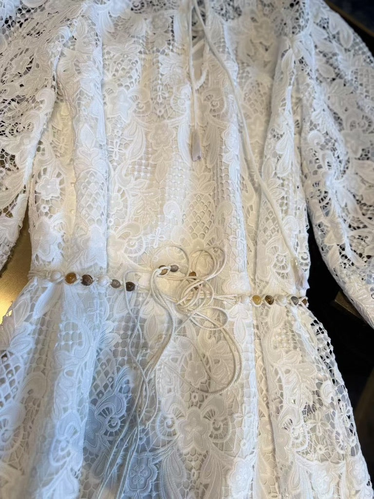 Zimmermann White Lace Belted Midi Dress, Size AU 2