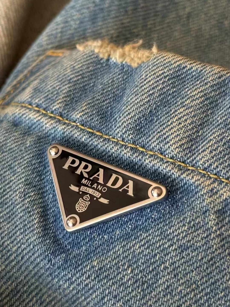 Prada Triangle Logo Demin Shirt Midi Dress, Size 38/40