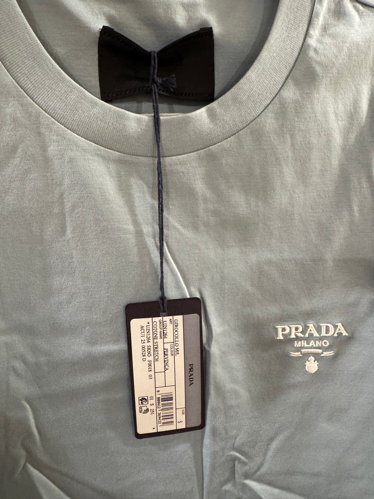 Prada Embroidered Logo Cotton T-Shirt in Light Blue, Size S/L