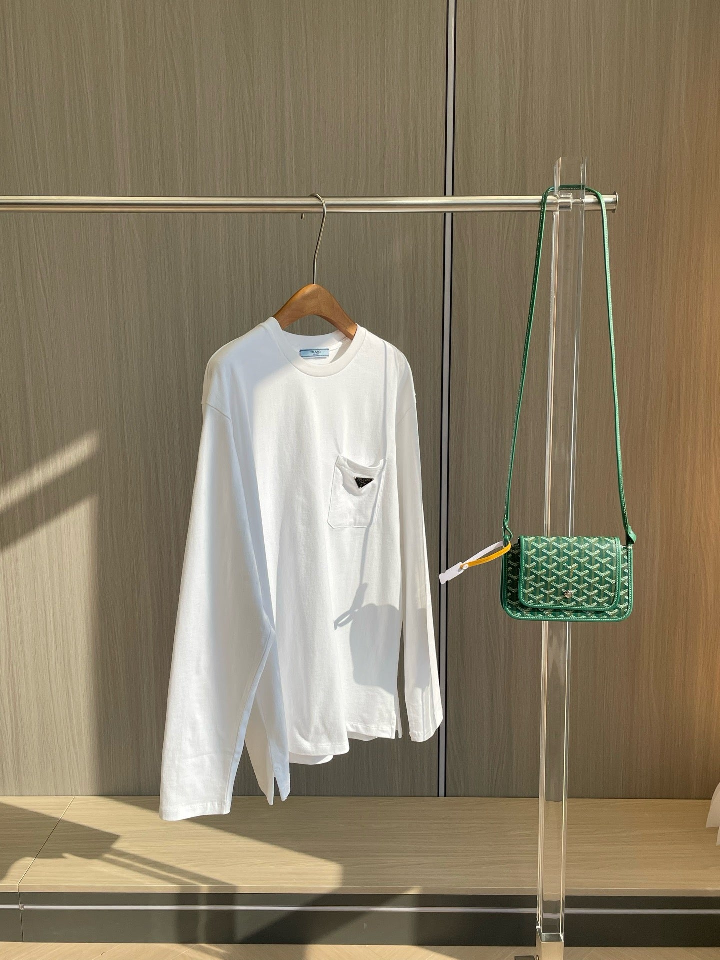 Prada Unisex Pocket Logo Long Sleeve T-Shirt in White, Size S/M/L/XL