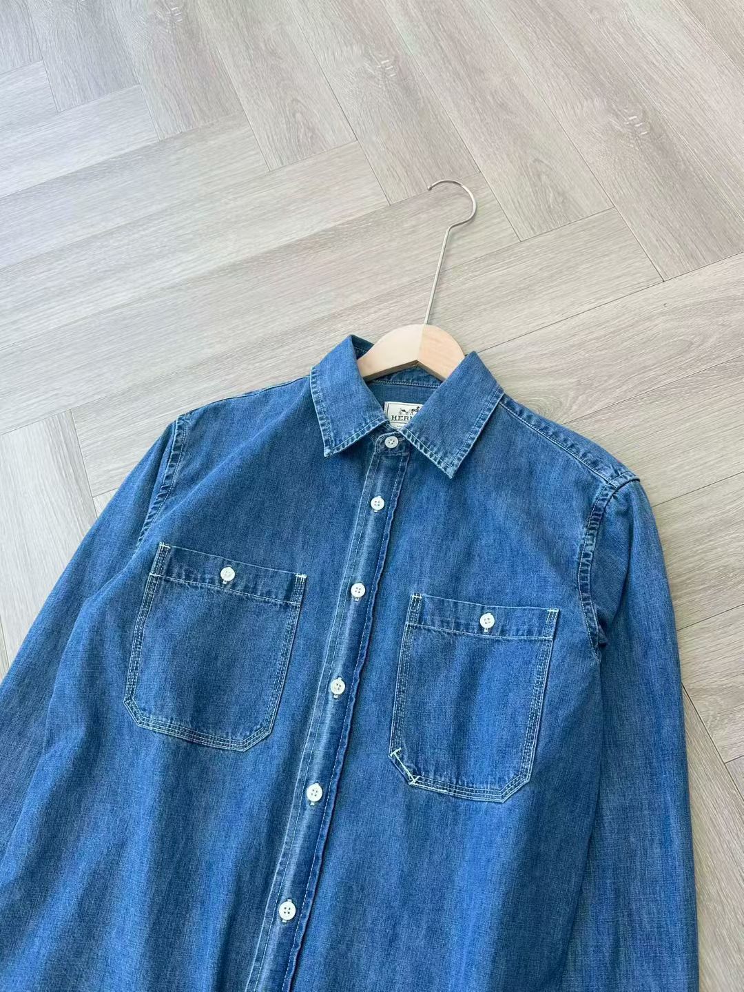 Hermes Unisex Long Sleeve Demin Shirt in Blue, Size 34/36/38/40/42