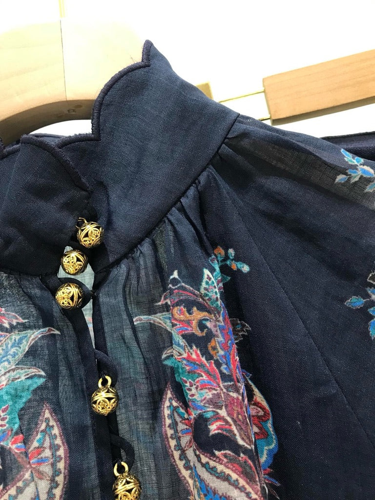 Zimmermann Floral Ramie Blouse & Belted Linen Shorts Set in Navy, Size AU 1/2/3