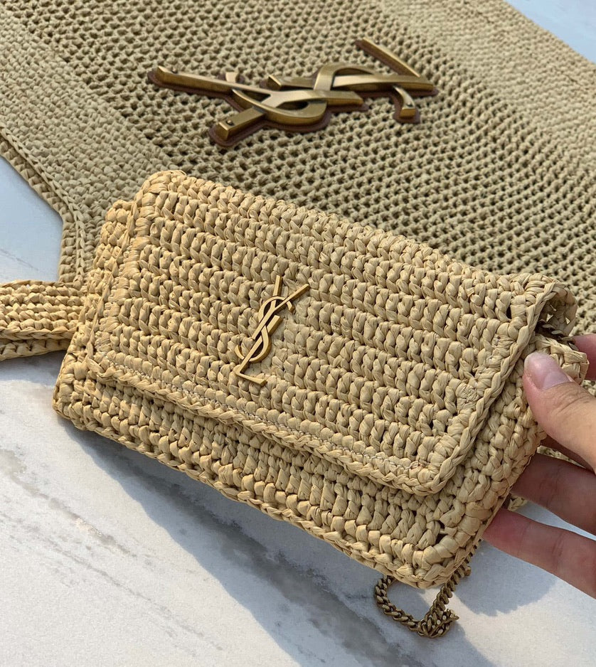 Saint Laurent Icare Maxi Embellished Leather-Trimmed Raffia Tote