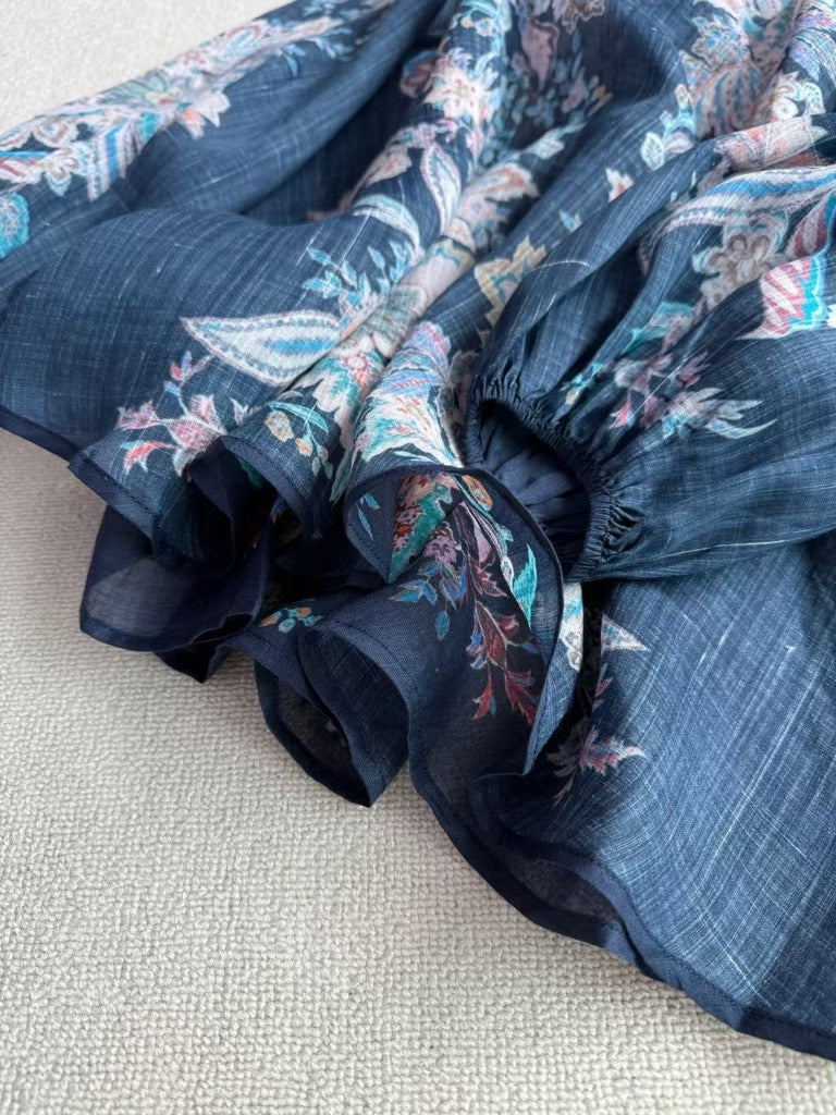 Zimmermann Floral Ramie Blouse & Belted Linen Shorts Set in Navy, Size AU 1/2/3