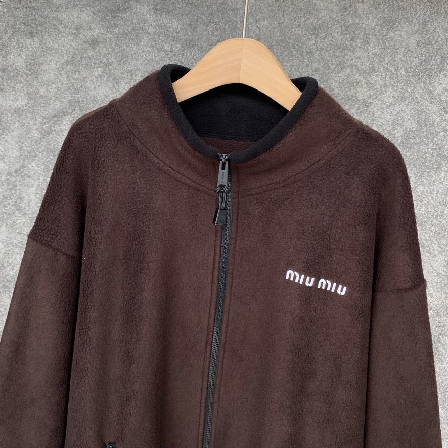 Miu Miu Cotton Fleece Zipper Jacket Brown, Size XS/S/M