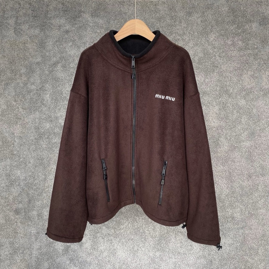 Miu Miu Cotton Fleece Zipper Jacket Brown, Size XS/S/M