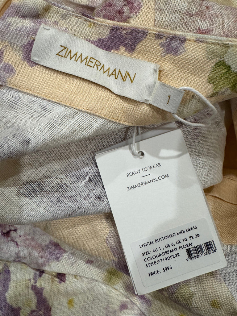 Zimmermann Floral Buttoned Belted Linen Midi Dress, Size AU 1/2