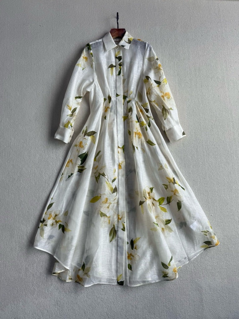 Zimmermann Harmony Floral Print Silk/Linen Blend Maxi Shirt Dress, Size AU 1/2