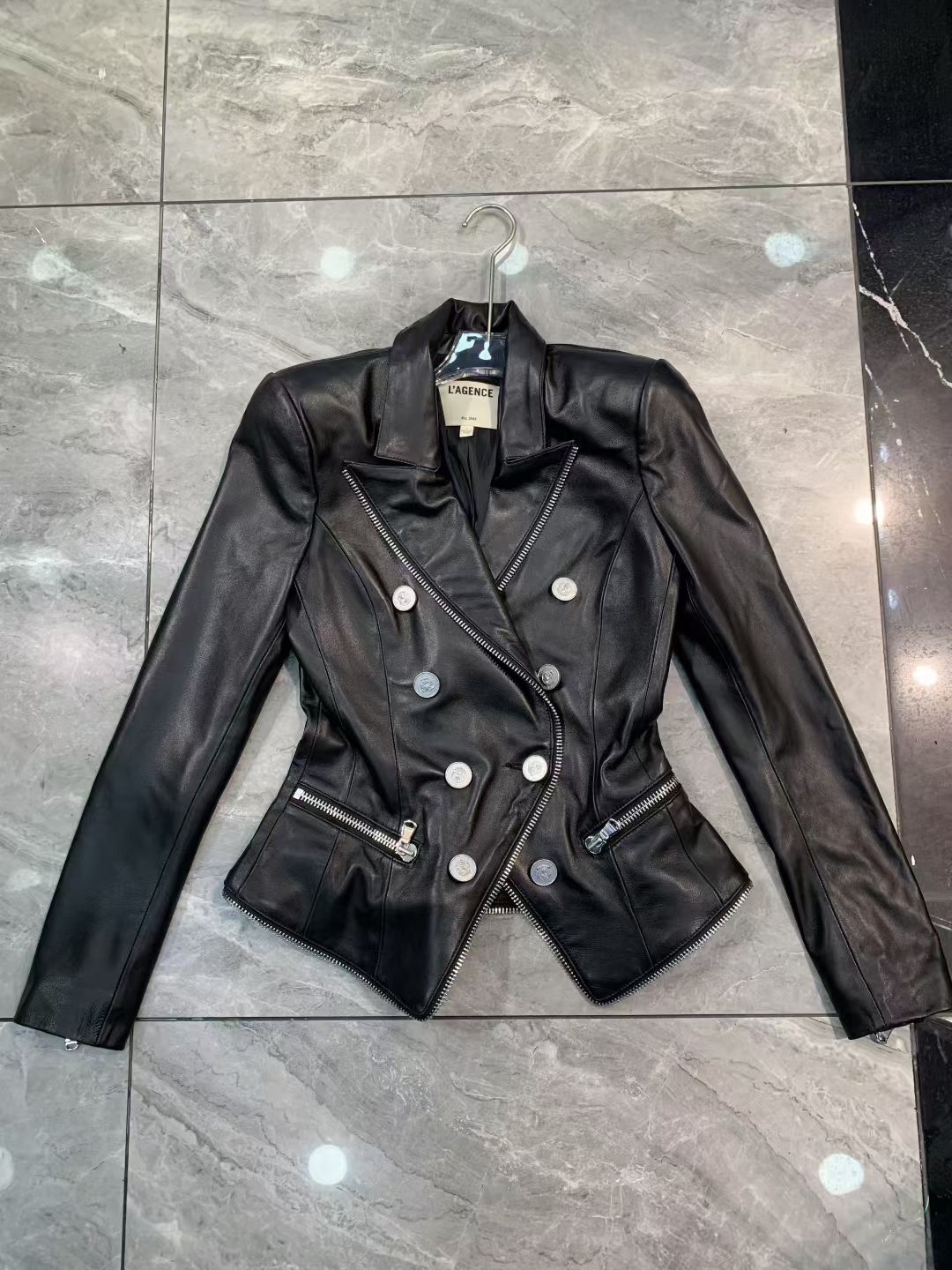 L'AGENCE Black Leather Blazer, Size US 2/4/6