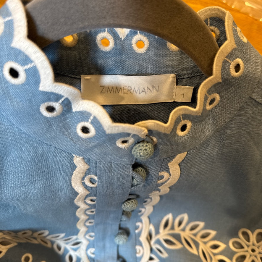 Zimmermann Linen Button Shirt & Belted Shorts Set in Blue, Size AU 1/2/3