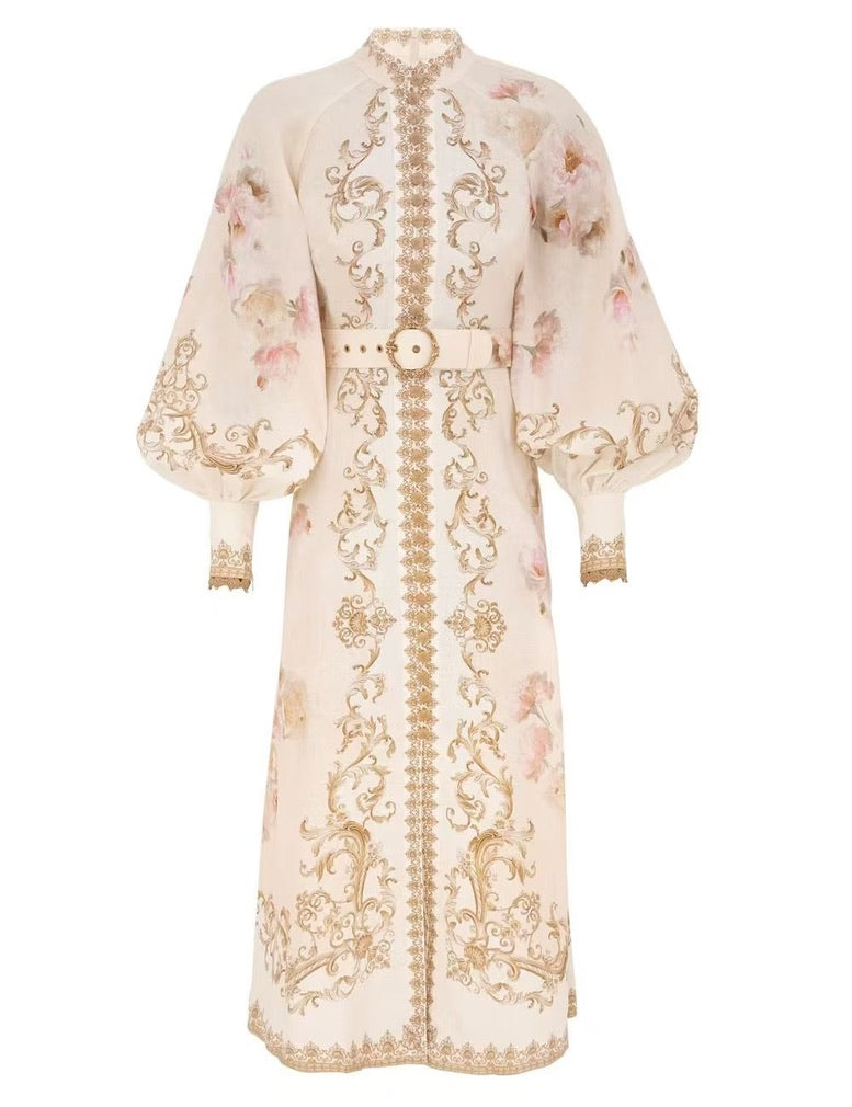 Zimmermann Floral Buttoned Belted Midi Dress in Cream, Size AU 0/1/2/3