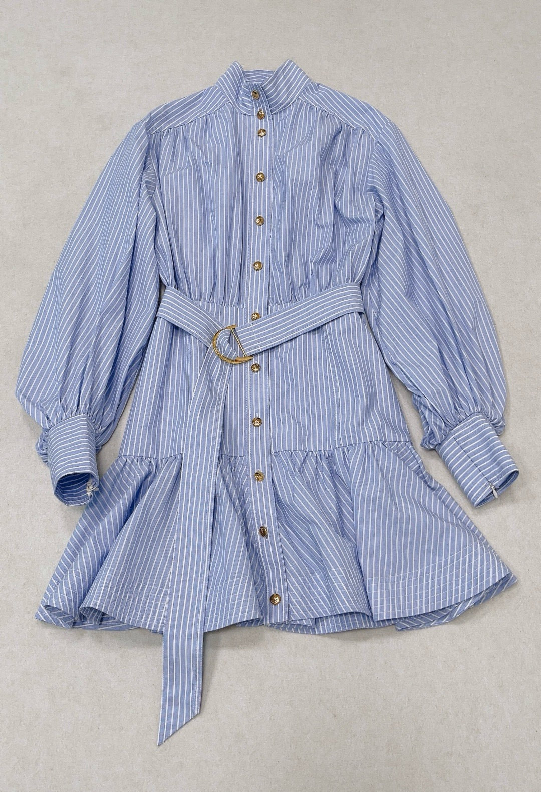 Zimmermann Stripe Utility Belted Long Sleeve Cotton Shirt Dress in Blue, Size AU 0/1/2