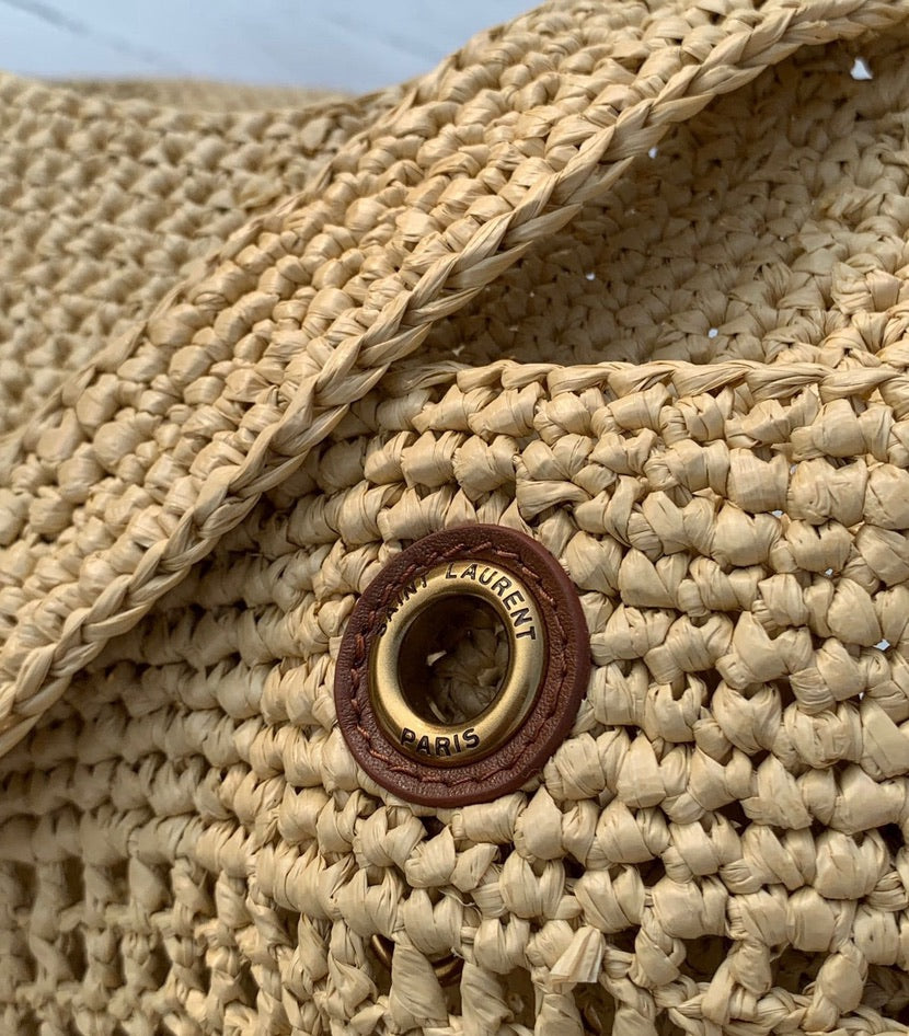 Saint Laurent Icare Maxi Embellished Leather-Trimmed Raffia Tote