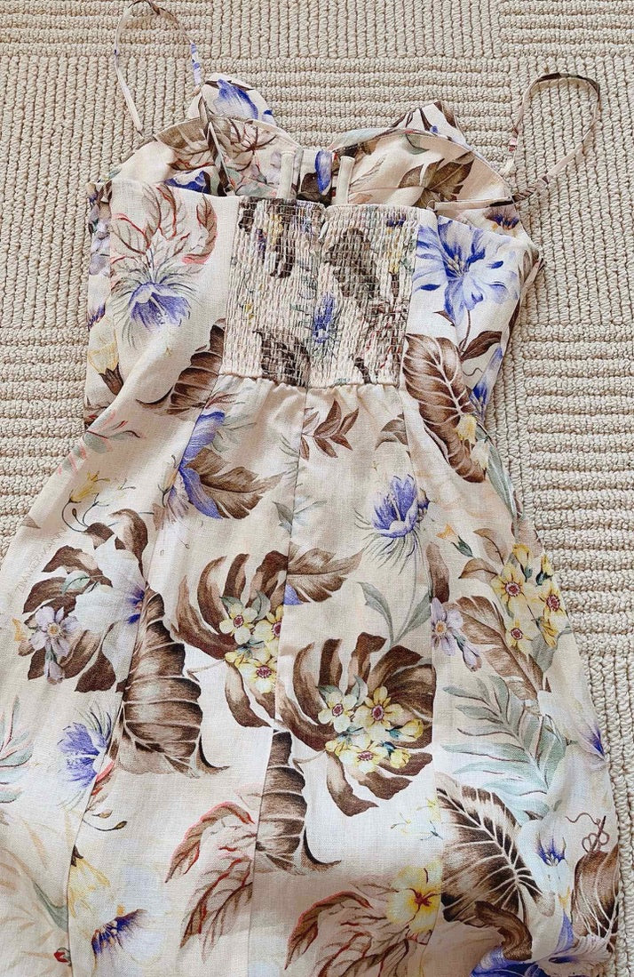 Zimmermann Bow-Embellished Cutout Floral-Print Linen Midi Dress, Size AU 0P/0/1/2/3