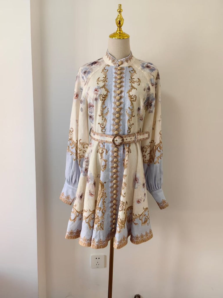 Zimmermann Buttoned Mini Dress in Blue Floral, Size AU 0/1/2/3