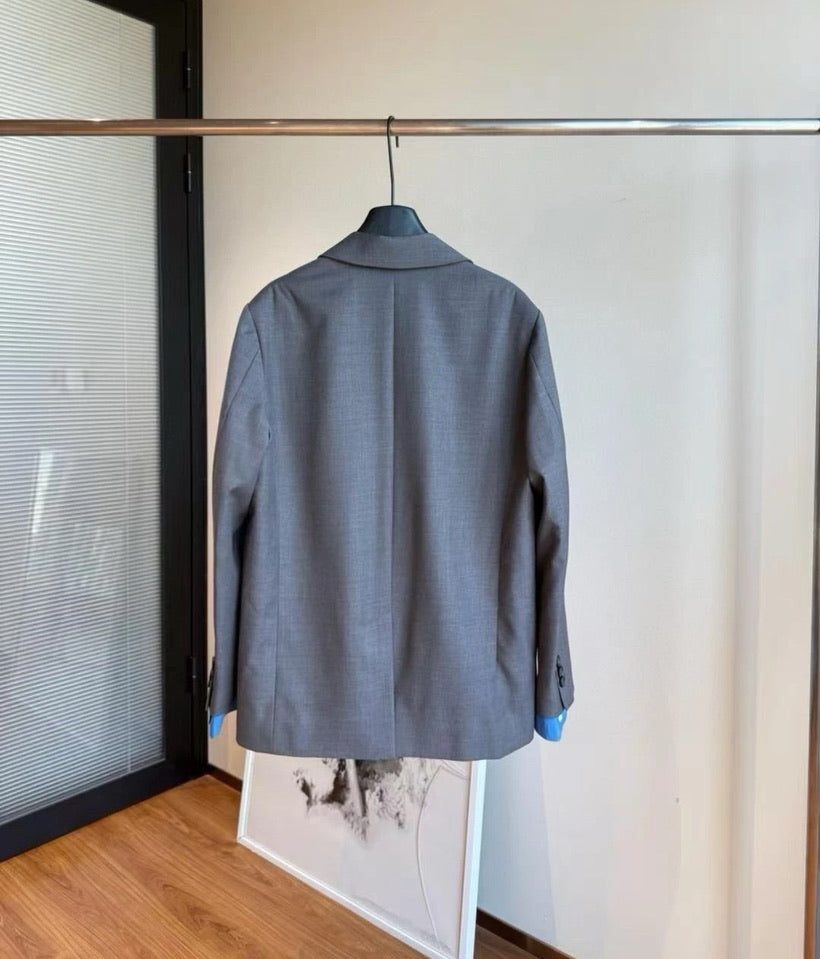 Miu Miu Logo Embroidered Oversized Wool Blazer Jacket in Gray, Size 36/38/40