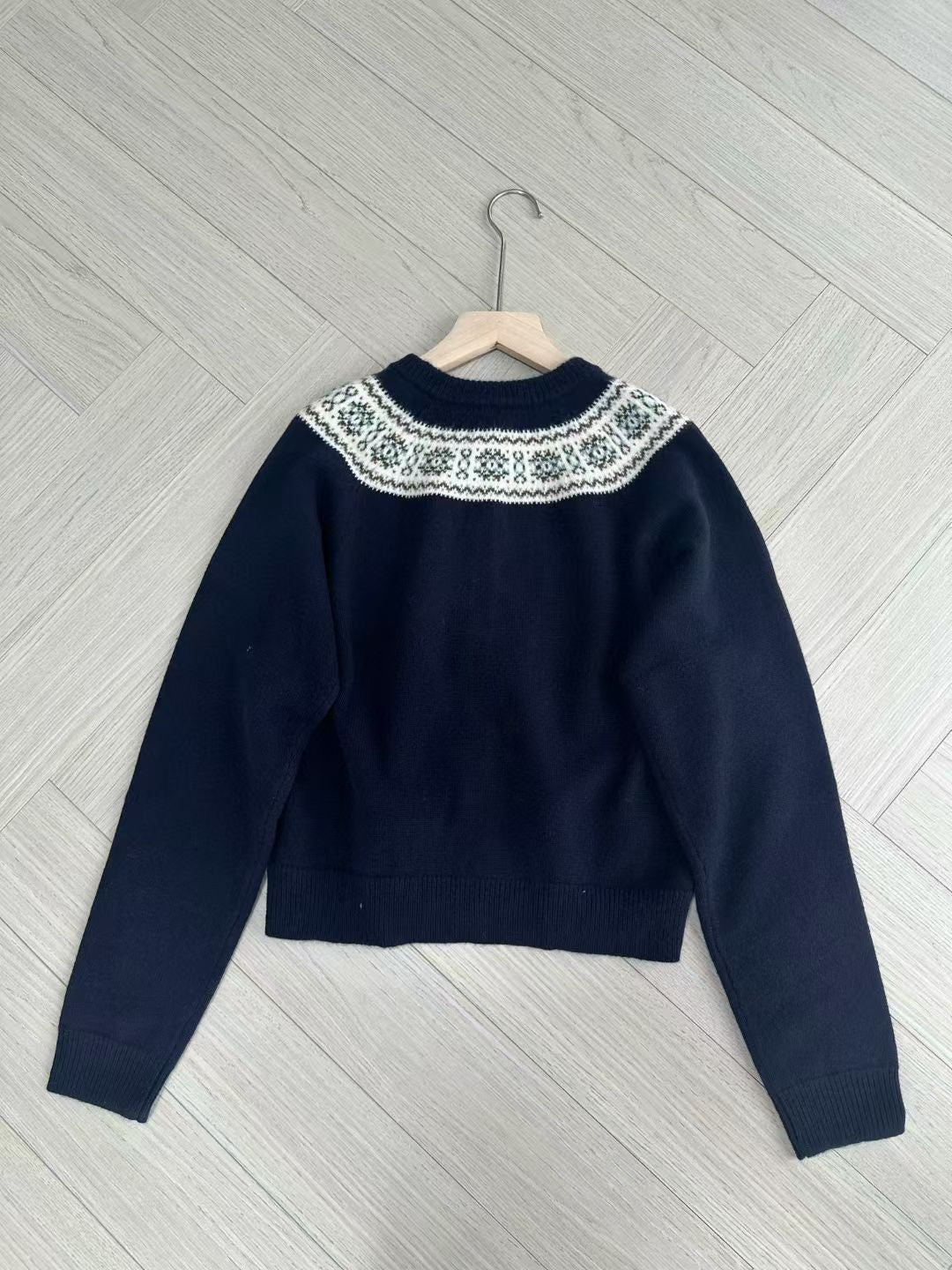 Celine Dark Blue Cardigan in Fair Isle Cashmere, Size S/M/L