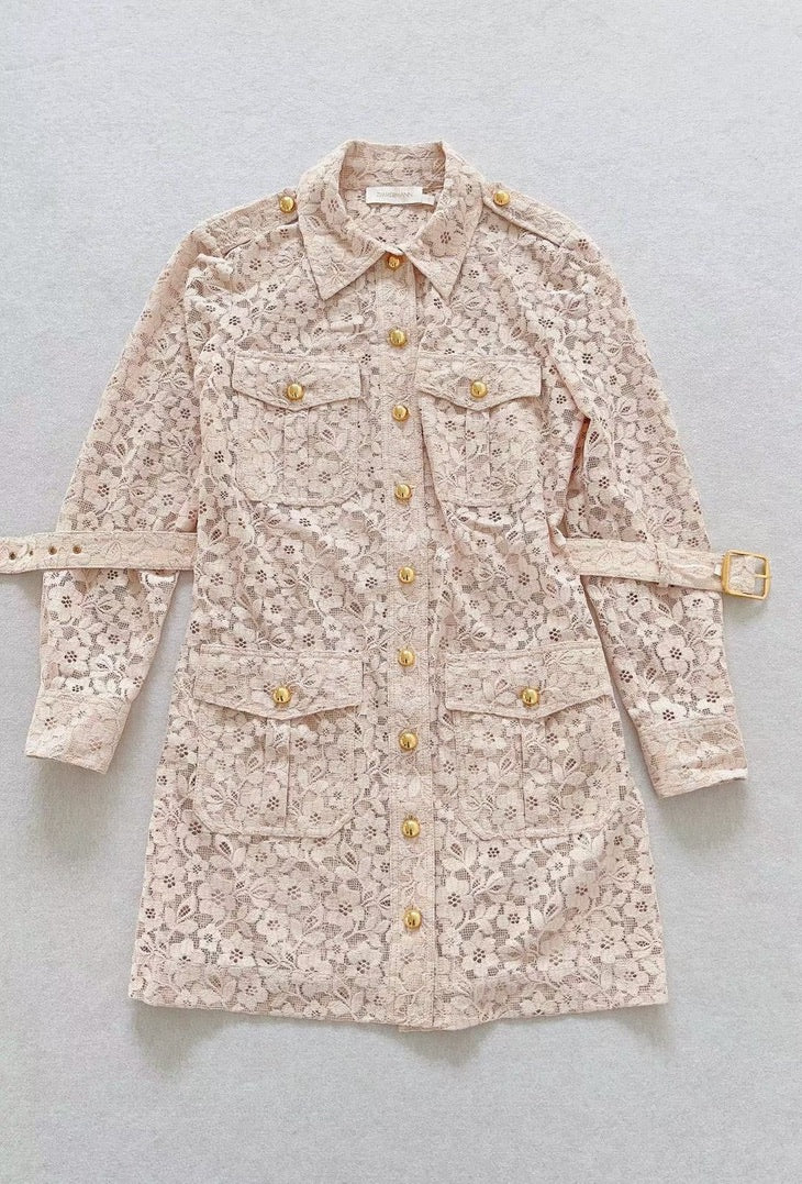 Zimmermann Lace Utility Shirtdress in Beige, Size AU 2