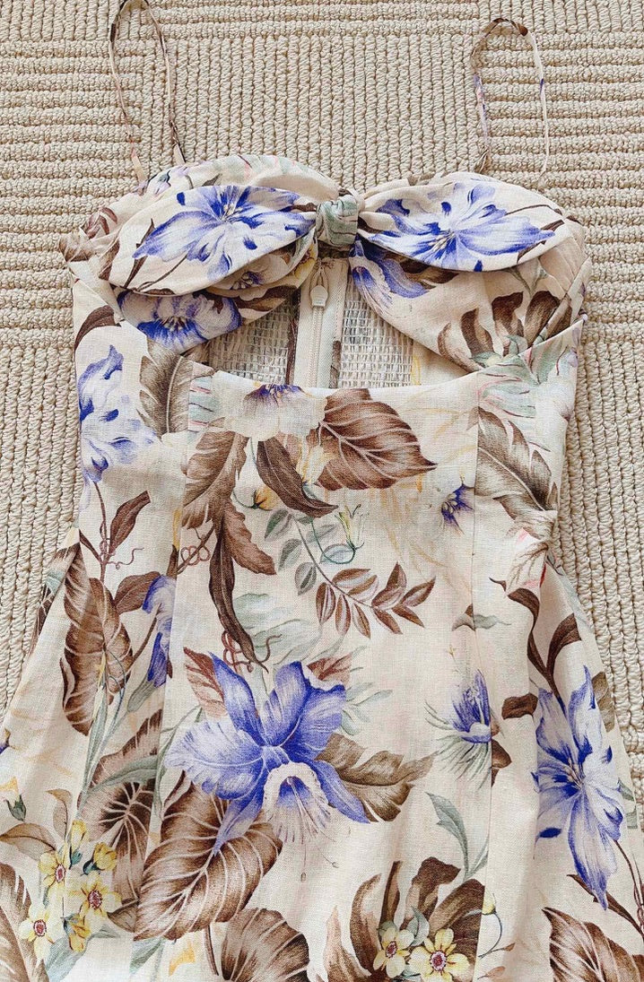 Zimmermann Bow-Embellished Cutout Floral-Print Linen Midi Dress, Size AU 0P/0/1/2/3
