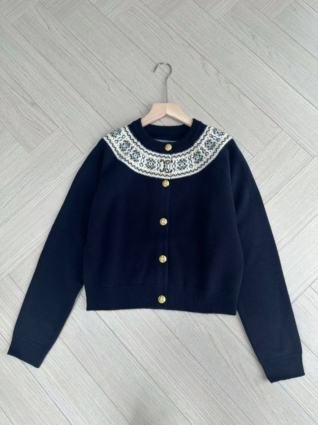 Celine Dark Blue Cardigan in Fair Isle Cashmere, Size S/M/L