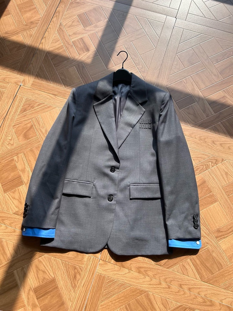Miu Miu Logo Embroidered Oversized Wool Blazer Jacket in Gray, Size 36/38/40