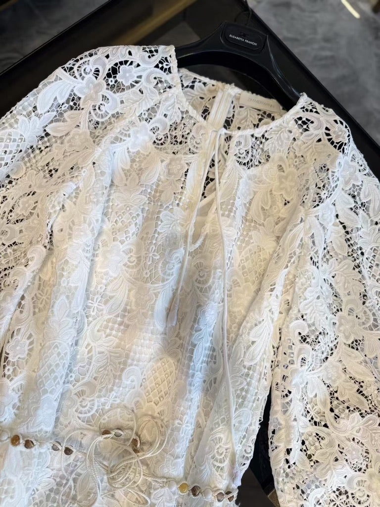Zimmermann White Lace Belted Midi Dress, Size AU 2