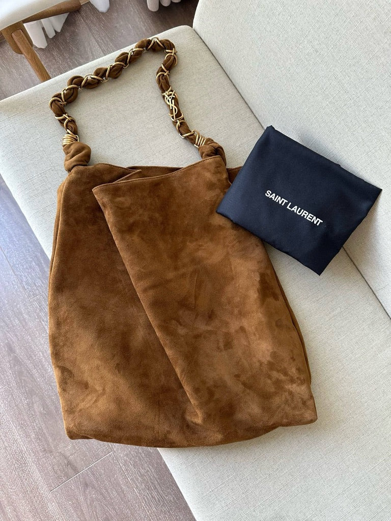 Saint Laurent Amalia Embellished Suede Shoulder Bag in Brown