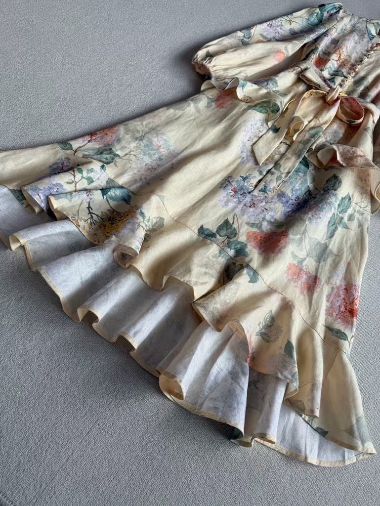 Zimmermann Peplum Belted Linen Midi Dress, Size AU 0/1