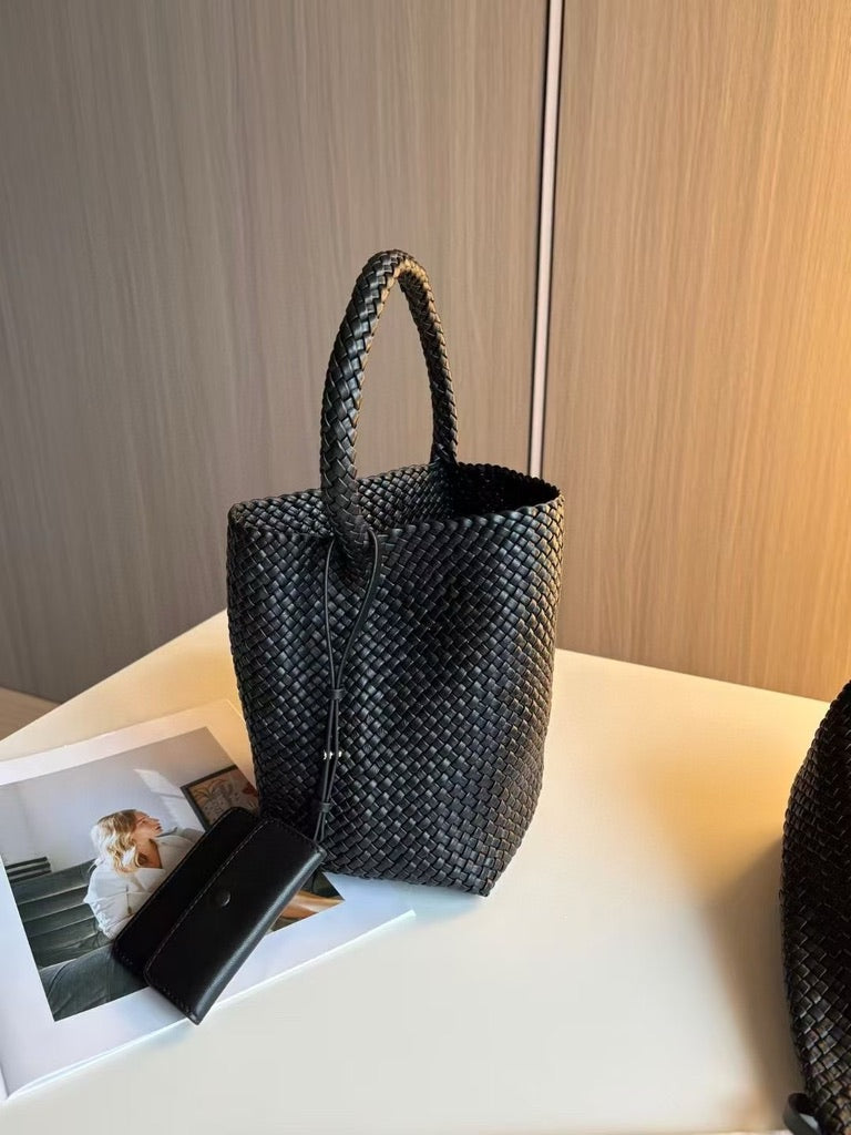 The Row Small Woven Leather Tote Bag in Black