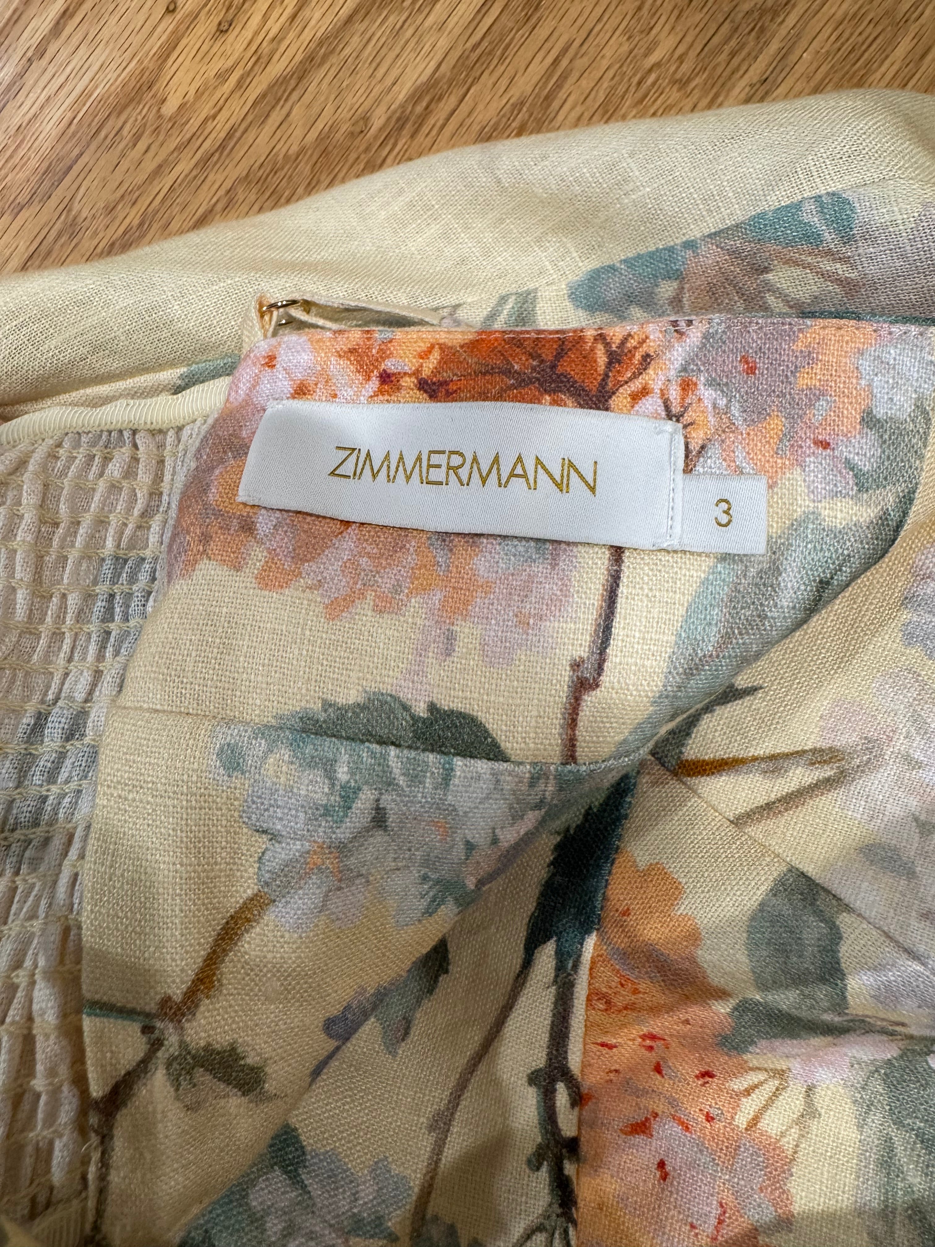 Zimmermann Floral Linen Midi Dress in Yellow, Size AU 0P/0/1/2/3