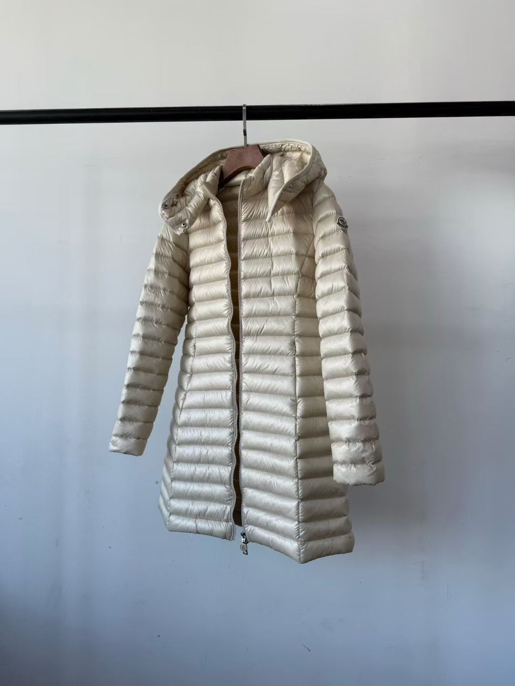 Moncler Igelong Hooded Long Down Jacket in Beige, Size 0/1/2/3