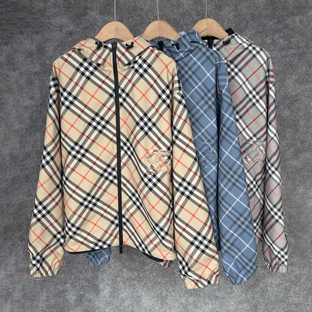 Burberry Reversible Check Jacket in Beige/Blue/Gray, Size XS/S/M/L