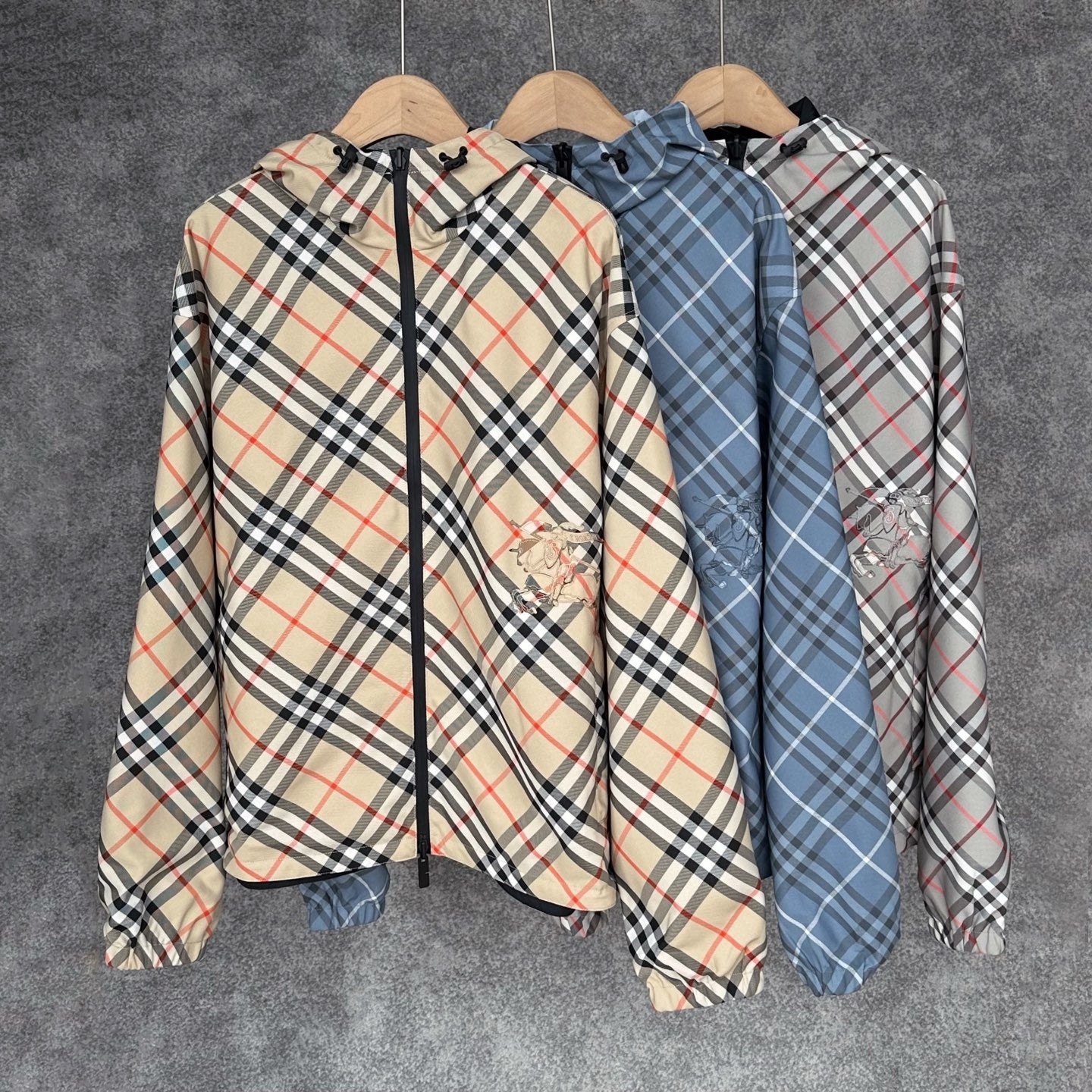 Burberry Reversible Check Jacket in Beige/Blue/Gray, Size XS/S/M/L