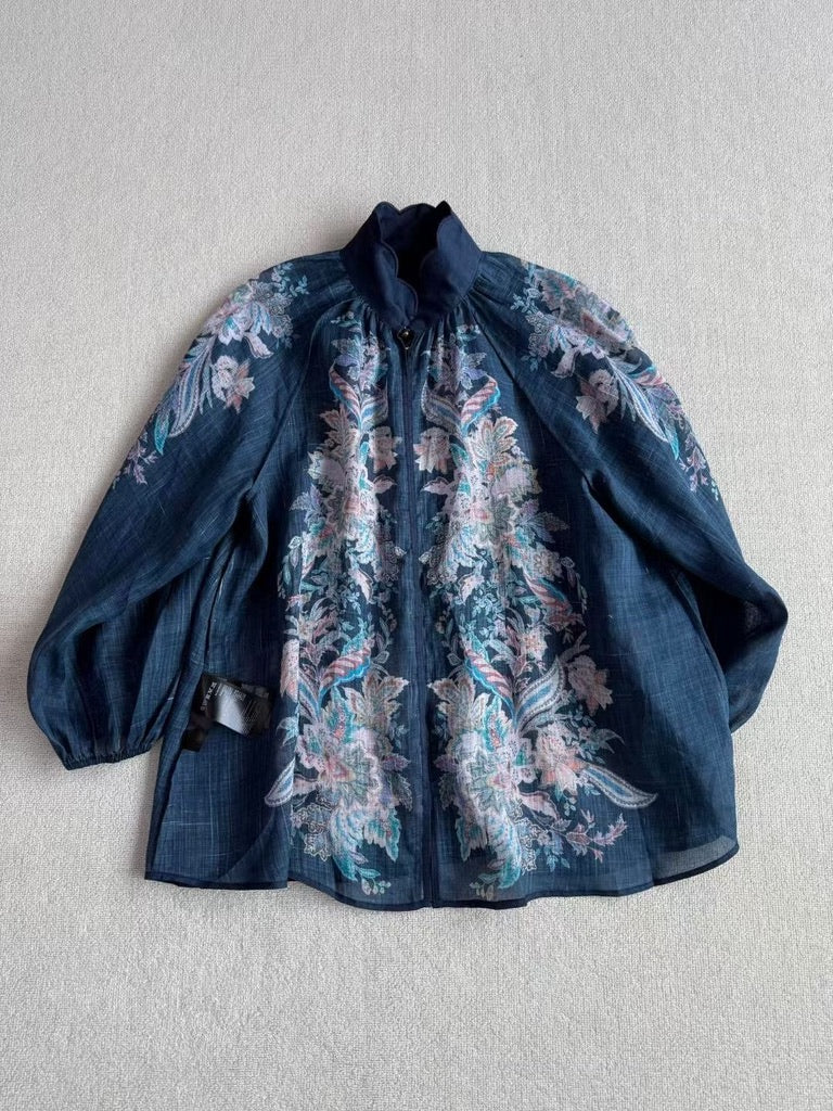 Zimmermann Floral Ramie Blouse & Belted Linen Shorts Set in Navy, Size AU 1/2/3