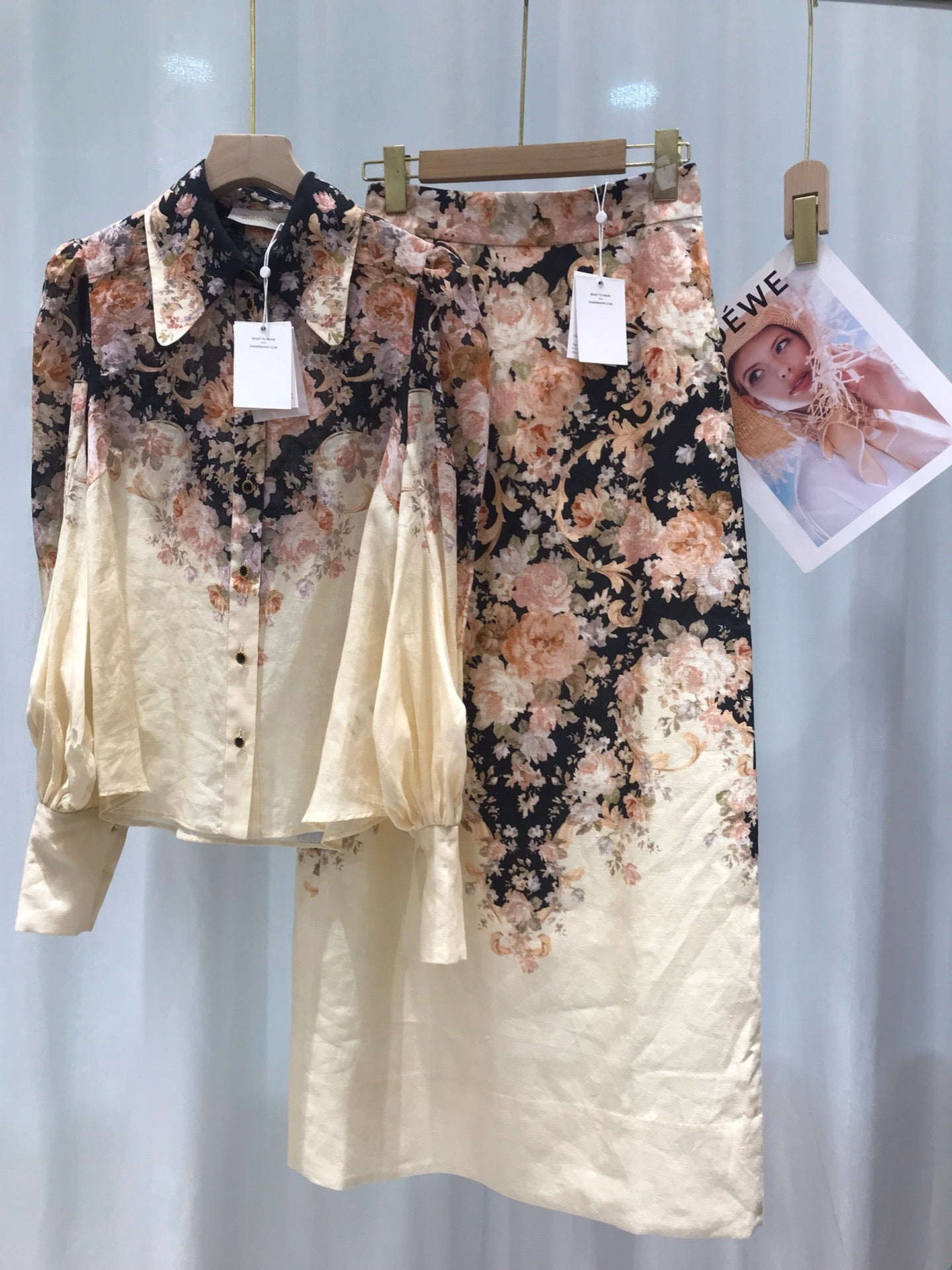 Zimmermann Floral Ramie Bouse & Midi Linen Skirt Set, Size AU 0/1/2/3